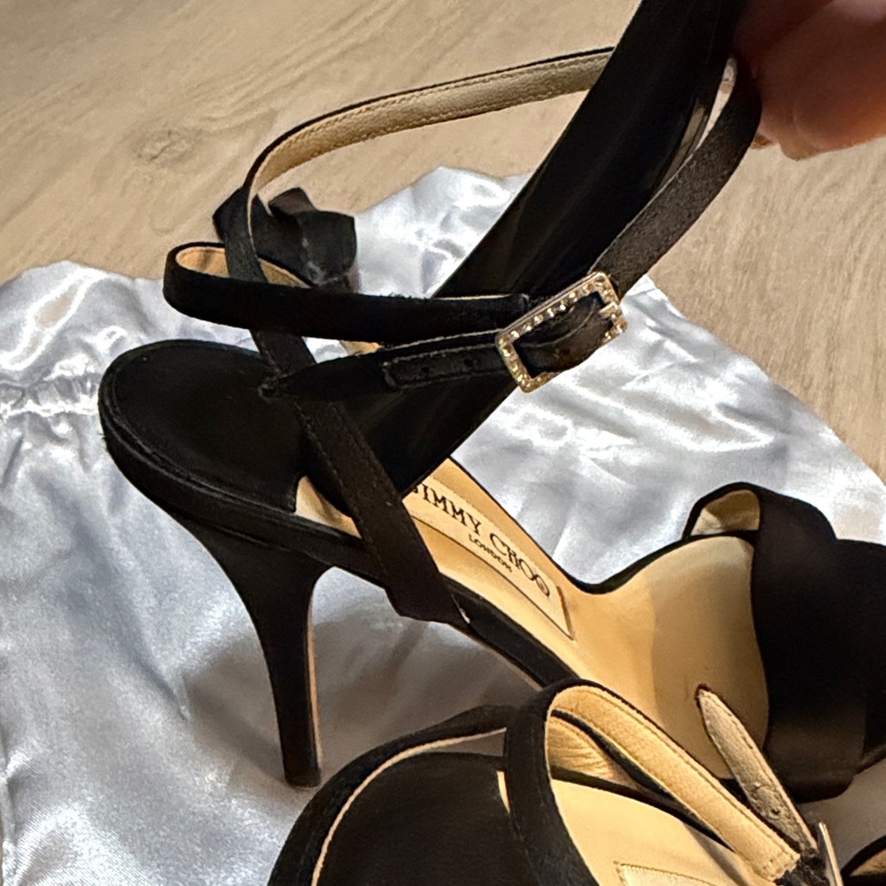 Jimmy Choo Black Satin Ankle-Strap Heels Fits 7 Or 7.5 Exact - Picture 6 of 7